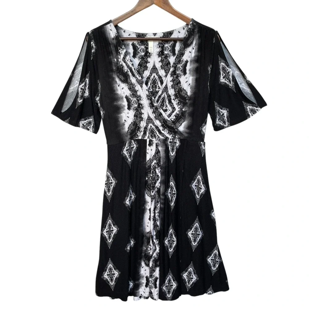 Soma Womens Black White Geometric Diamond Cold Shoulder Faux Wrap Dress Medium
